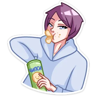 😋 ЧИПСИ มันฝรั่ง, ขนม, อาหาร, ผมสีม่วง, การ์ตูน whatsapp sticker