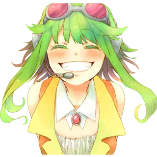 😁 Anime, Mädchen, Kopfhörer, lächelnd, grünes Haar telegram sticker