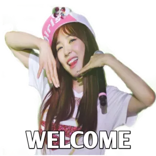 📢 WELCOME приветствие, kpop, певец, девушка, микрофон, шляпа, праздник whatsapp sticker