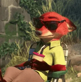 📍 Nick Wilde Zootopia キツネ, サングラス, 座っている, リラックス, 飲み物, ズートピア, 漫画 telegram sticker