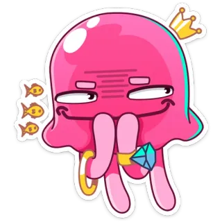 😈 jellyfish, cartoon, pink, crown, ring, fish telegram sticker