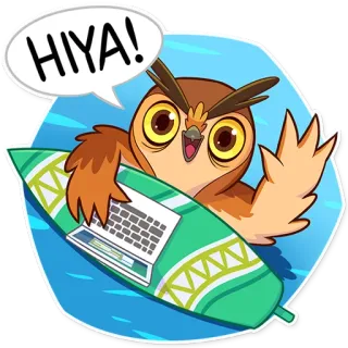 👨 HIYA! burung hantu, laptop, selancar, kartun, burung, ombak, salam telegram sticker