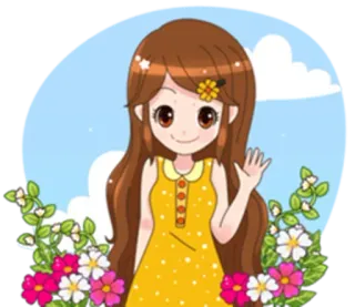 🤝 Desenho animado, Menina, Anime, Flores, Vestido amarelo, Kawaii, Fofo whatsapp sticker