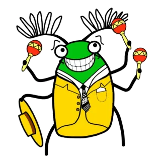 👺 insecte, dessin animé, maracas, chapeau, costume, cravate, insecte, instrument de musique telegram sticker