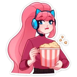 🍿 游戏玩家, 女孩, 爆米花, 可爱, 粉色头发, 猫耳朵, 直播 whatsapp sticker