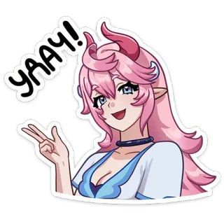 🙂‍↔️ YAAY! anime, cartoon, demon, girl, pink hair, peace sign, joyful, cute telegram sticker