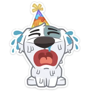😢 chien, triste, pleurs, chapeau de fête, dessin animé, autocollant whatsapp sticker