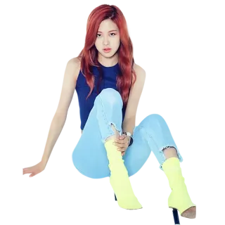 👣 phụ nữ, tóc đỏ, ngồi, áo xanh, quần jean, màu vàng, thời trang, tạo dáng telegram sticker