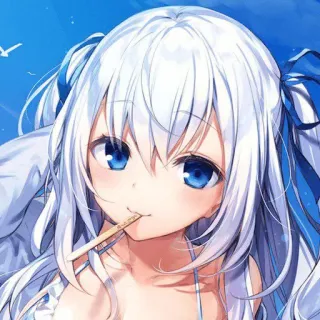 🍢 anime, garota, olhos azuis, cabelo branco, verão, fofa, ilustração telegram sticker