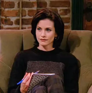 😐 Monica Geller Friends série télé, Courteney Cox, personnage, femme, cahier, stylo whatsapp sticker