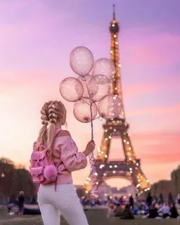 🎶 Paris, Tour Eiffel, ballons, voyage, rose, fille, tourisme, France telegram sticker