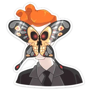 🙄 caveira, borboleta, esqueleto, olhos vermelhos, cabelo laranja, fato telegram sticker