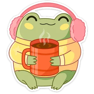 😌 frog, coffee, cute, winter, kawaii, cozy, earmuffs telegram sticker