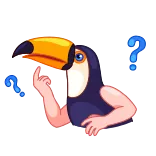 😀 tucano, uccello, animale, cartone animato, punti interrogativi, pensando, riflettendo, carino telegram sticker