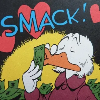 💋 Scrooge McDuck SMACK! Paperon de' Paperoni, soldi, papero, cartone animato, ricchezza, bacio whatsapp sticker