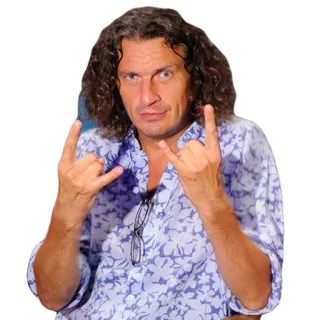 🤟 мужчина, жест, рок, кудрявые волосы, рубашка, очки telegram sticker