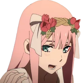 🌸 Zero Two Darling in the Franxx anime, girl, pink hair, flower crown telegram sticker