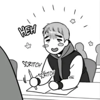 😳 HEH SCRITCH SCRITCH การ์ตูน, ภาพวาด, นักเรียน, โต๊ะ, ดินสอ whatsapp sticker