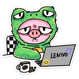 👨‍💻 LENIVO frog, pig, laptop, computer, coffee, sleepy, cartoon, character telegram sticker