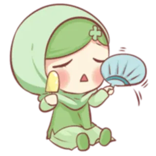 😩 Cartoon, Hijab, Mädchen, Fan, Eis am Stiel, Grün whatsapp sticker