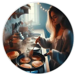 🥞 bếp, nấu ăn, bánh kếp, phụ nữ, bữa sáng, thức ăn whatsapp sticker