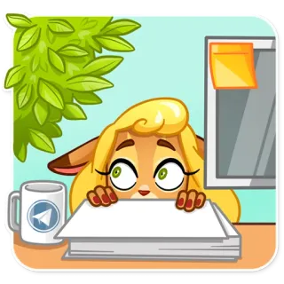 👀 dibujo animado, oficina, escritorio, mujer, papel, planta, telegrama telegram sticker