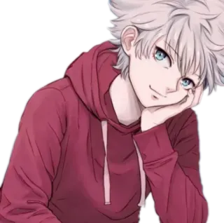 🙃 Killua Zoldyck Hunter x Hunter Killua, Hunter x Hunter, Anime, Manga, Chłopak, Białe włosy, Czerwona bluza z kapturem, Uśmiechnięty telegram sticker
