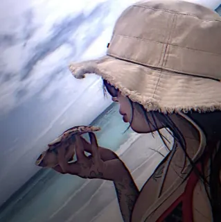 💍 pessoa, praia, chapéu bucket, areia, mulher, oceano telegram sticker