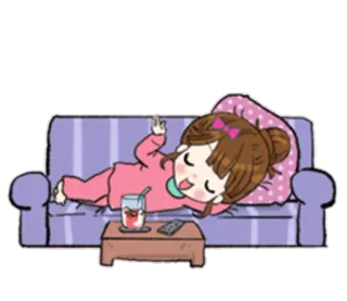 💁 Hoạt hình, Cô gái, Thư giãn, Ghế sofa, Ngủ, TV, Đồ uống telegram sticker