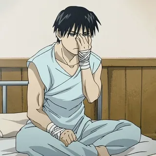 💙 Roy Mustang Fullmetal Alchemist anime, manga, roy mustang, fullmetal alchemist, fma, reaction, sitting, hospital, casual telegram sticker