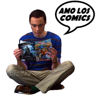🗞 Sheldon Cooper AMO LOS COMICS komiksy, czytanie, Teoria Wielkiego Podrywu, Nerd, Geek, hiszpański telegram sticker