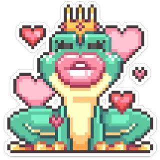 🥰 ếch, vương miện, trái tim, pixel art, dễ thương, nụ hôn telegram sticker