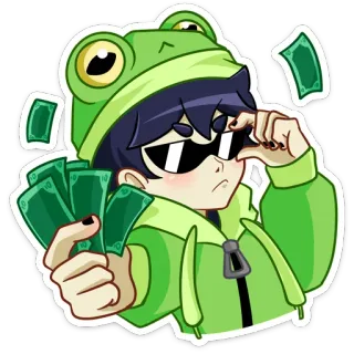 😎 青蛙, 钱, 太阳镜, 连帽衫, 绿色, 角色, 卡通, 表情包 whatsapp sticker