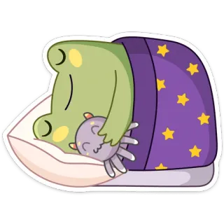 😴 rana, dormire, carino, cartone animato, animale, ora di andare a letto, cuscino, stelle telegram sticker