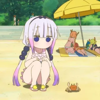 💕 Kanna Kamui Miss Kobayashi's Dragon Maid Anime, Spiaggia, Granchio, Drago, Costume da bagno, Chibi telegram sticker