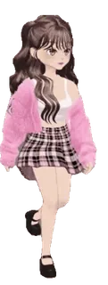 🚶‍♀️ Anime, Chica, Cárdigan rosa, Falda de cuadros, Dibujos animados, Moda, Estilo telegram sticker