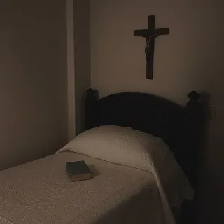 🪽 camera da letto, letto, croce, religione, libro, simbolo religioso telegram sticker