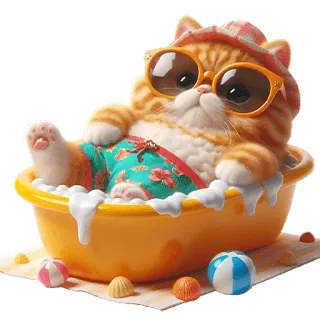 🛁 mèo, tắm, kính râm, mùa hè, kỳ nghỉ, bãi biển, phim hoạt hình, động vật telegram sticker