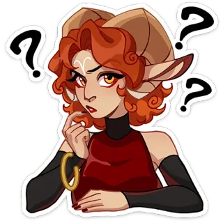 ⭐ Fantasy, Znaki zapytania, Myślenie, Kobieta, Rogi, Elf, Postać telegram sticker