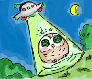 😶 сова, инопланетянин, нло, похищение, луч, мультфильм, ночь telegram sticker