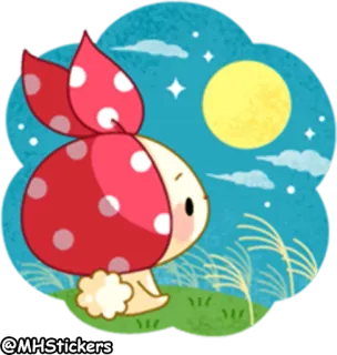🌕 @MHStickers sticker, lindo, dibujos animados, conejo, hongo, luna, césped, ilustración whatsapp sticker