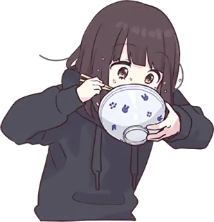 🍲 anime meisje, eten, kom, eetstokjes, schattig, cartoon whatsapp sticker