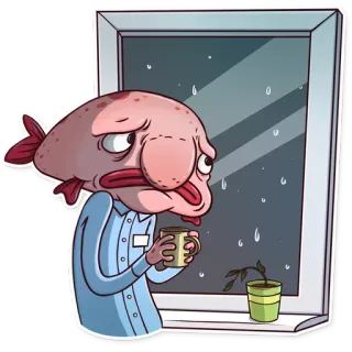☕ poisson, fenêtre, triste, thé, plante, dessin animé telegram sticker