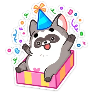 🥳 impreza, święto, szop pracz, urodziny, uroczy, zwierzę, konfetti, zabawa whatsapp sticker