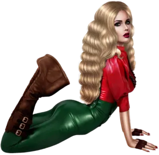😯 mujer, botas, top rojo, pelo rubio, moda telegram sticker