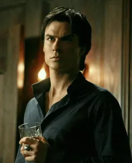 🖤 Damon Salvatore The Vampire Diaries vampiro, serie TV, sobrenatural, paranormal, hombre, bebiendo, guapo whatsapp sticker