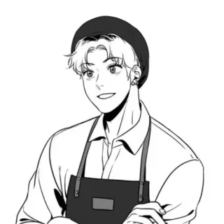😀 homem, avental, sorrindo, preto e branco, desenho animado, retrato, chapéu telegram sticker