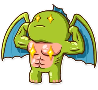 💪 monstro, musculoso, verde, asas, fantasia, desenho animado, fofo, brilho telegram sticker