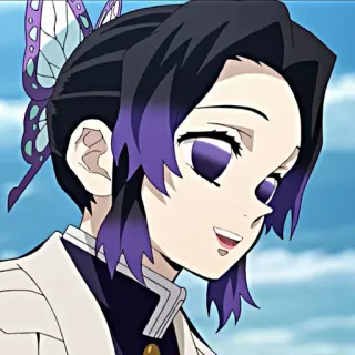 😀 Shinobu Kocho Demon Slayer 애니메이션, 귀멸의 칼날, 코쵸우 시노부, 나비, 보라색, 검은 머리 telegram sticker