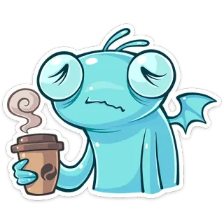 😩 монстр, кофе, мультфильм, милый, измученный, существо, уставший telegram sticker